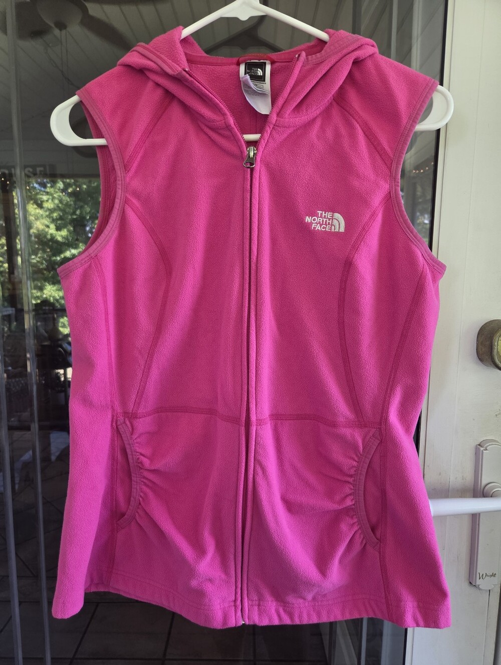 The North Face Women's Pink Hooded Fleece Vest With Pockets. Sz L